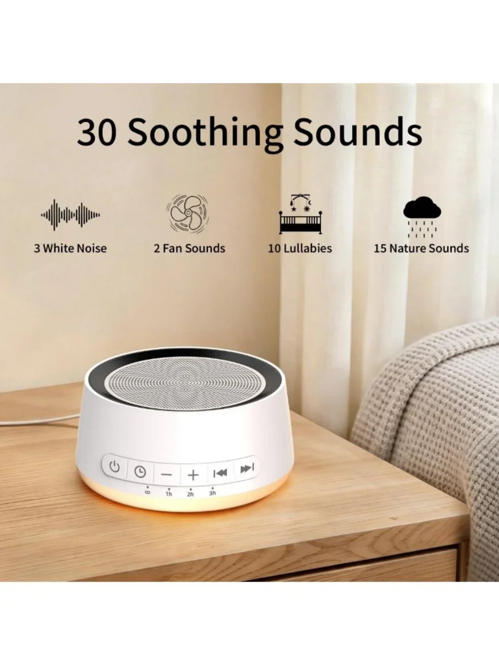 Soothing Sound Machine & Night Light | 30 Sounds, 12 Colors, 32 Volume Levels